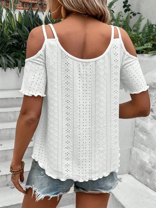 Eyelet Cold Shoulder Short Sleeve Blouse