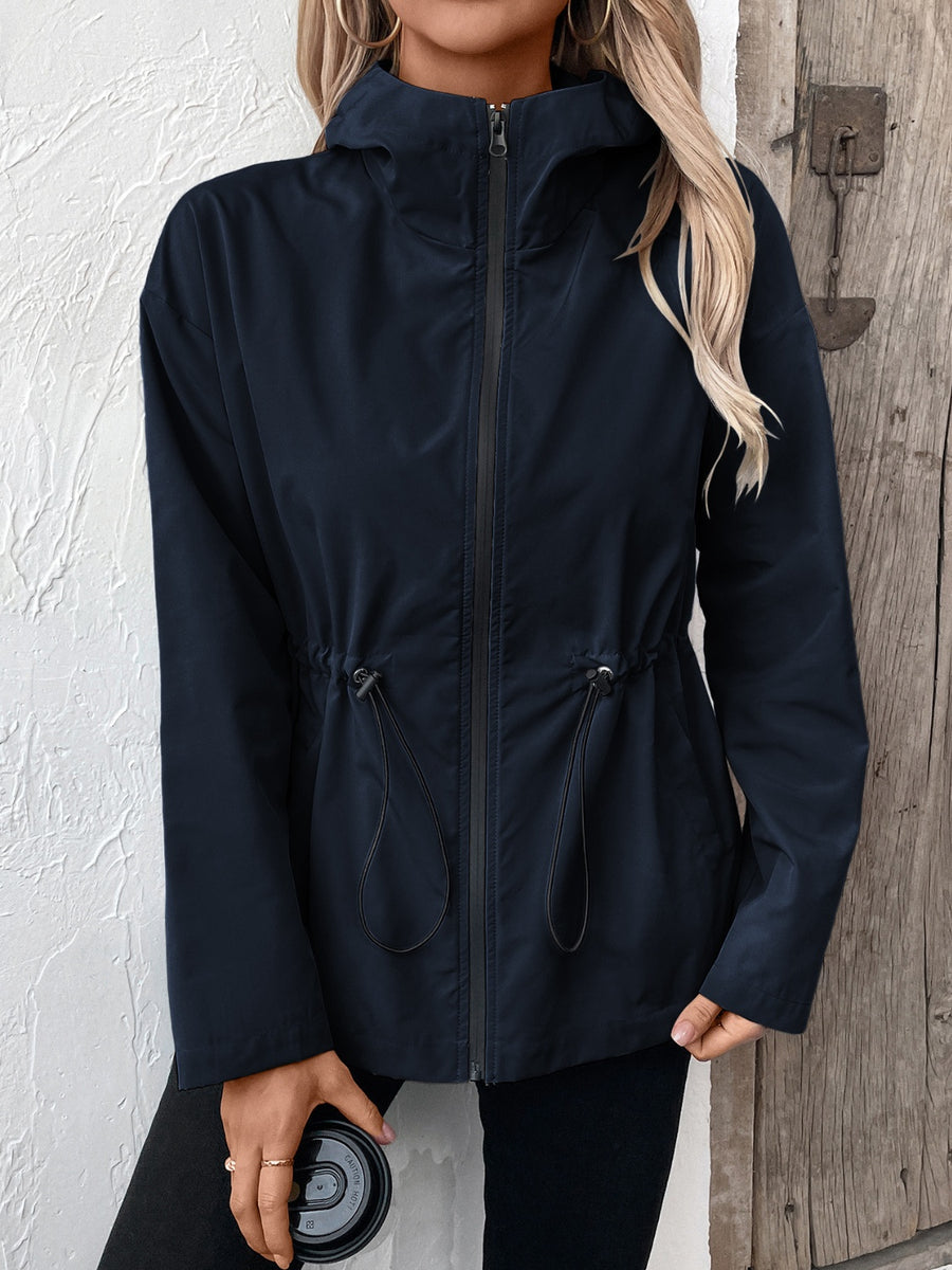 Ivy Lane Drawstring Zip Up Hooded Jacket Navy