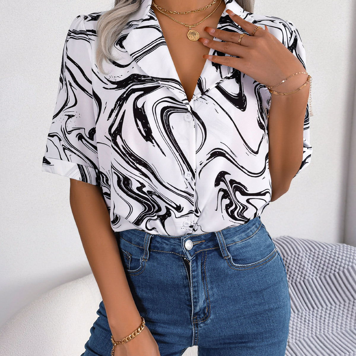 Printed Lapel Collar Shirt White