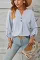 Decorative Button Notched Long Sleeve Blouse Light Blue