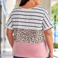 Plus Size Striped Leopard Round Neck Half Sleeve T-Shirt