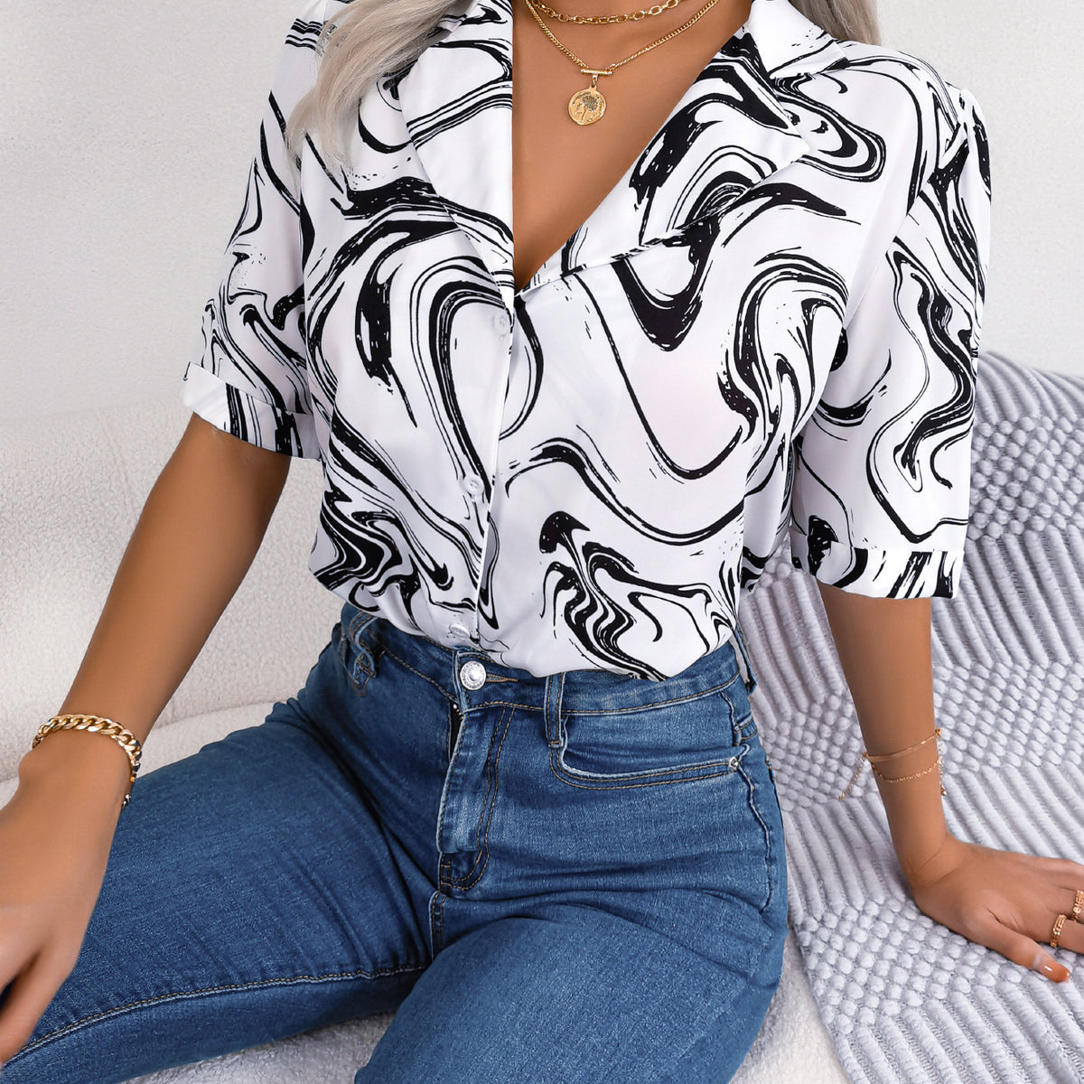 Printed Lapel Collar Shirt