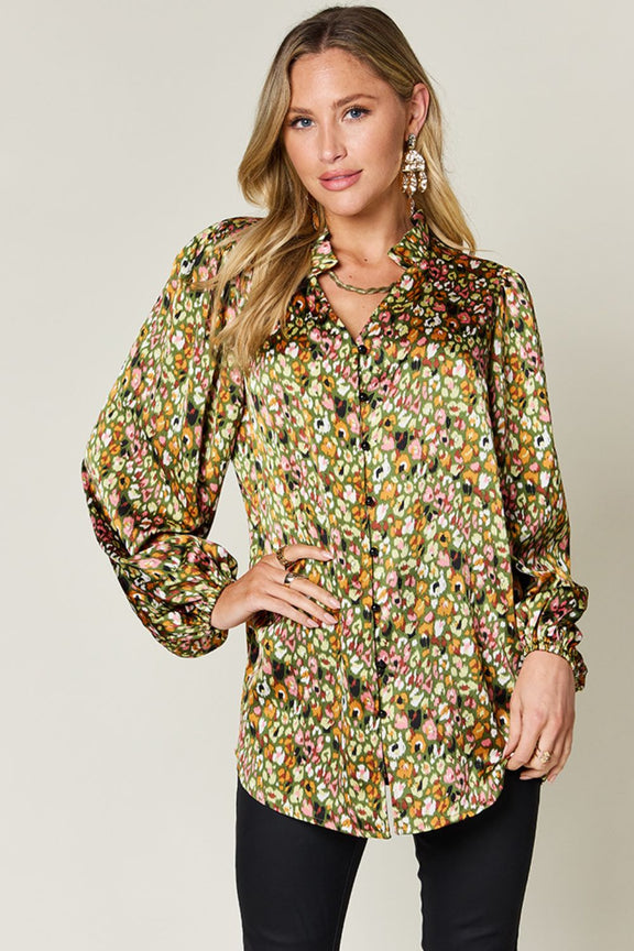 Double Take Full Size Printed Balloon Sleeve Shirt Matcha Green
