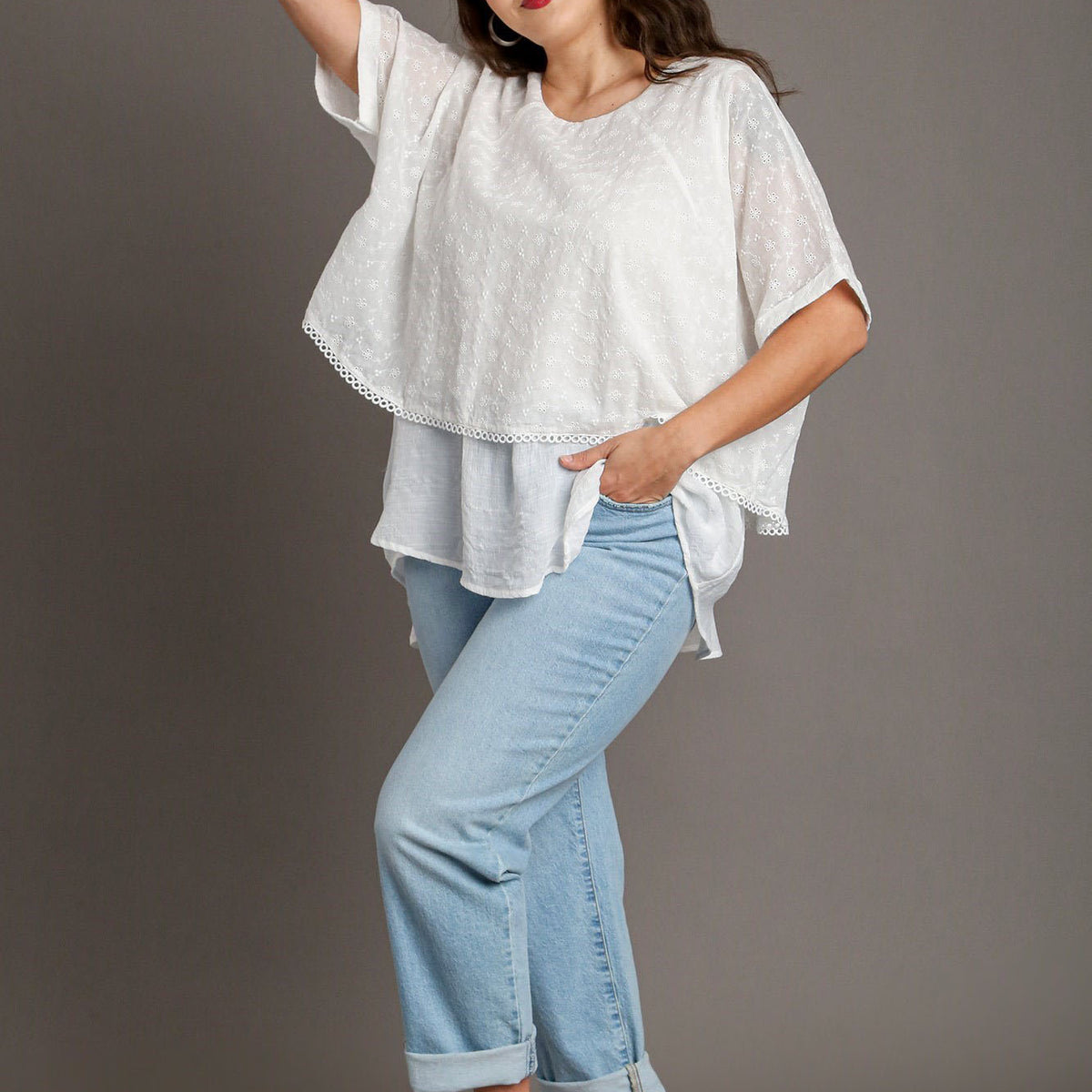 Umgee Full Size Eyelet Layered Short Sleeve Blouse Plus Size