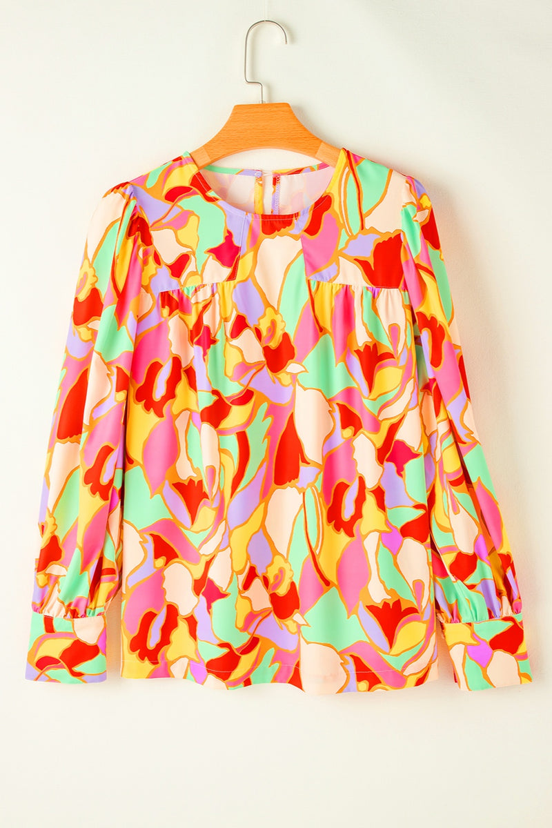 Contrast Print Round Neck Long Sleeve Blouse