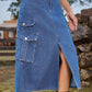 Slit Front Midi Denim Skirt with Pockets