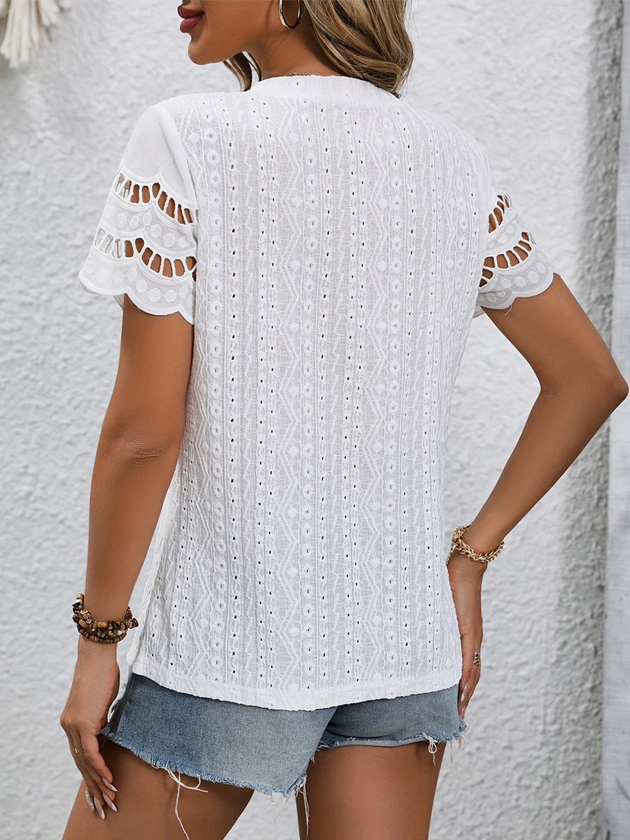 Full Size Eyelet Round Neck Short Sleeve Top White