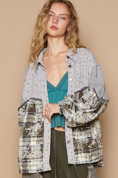 POL Balloon Sleeve Floral Color Block Plaid Shirt Brown Grey