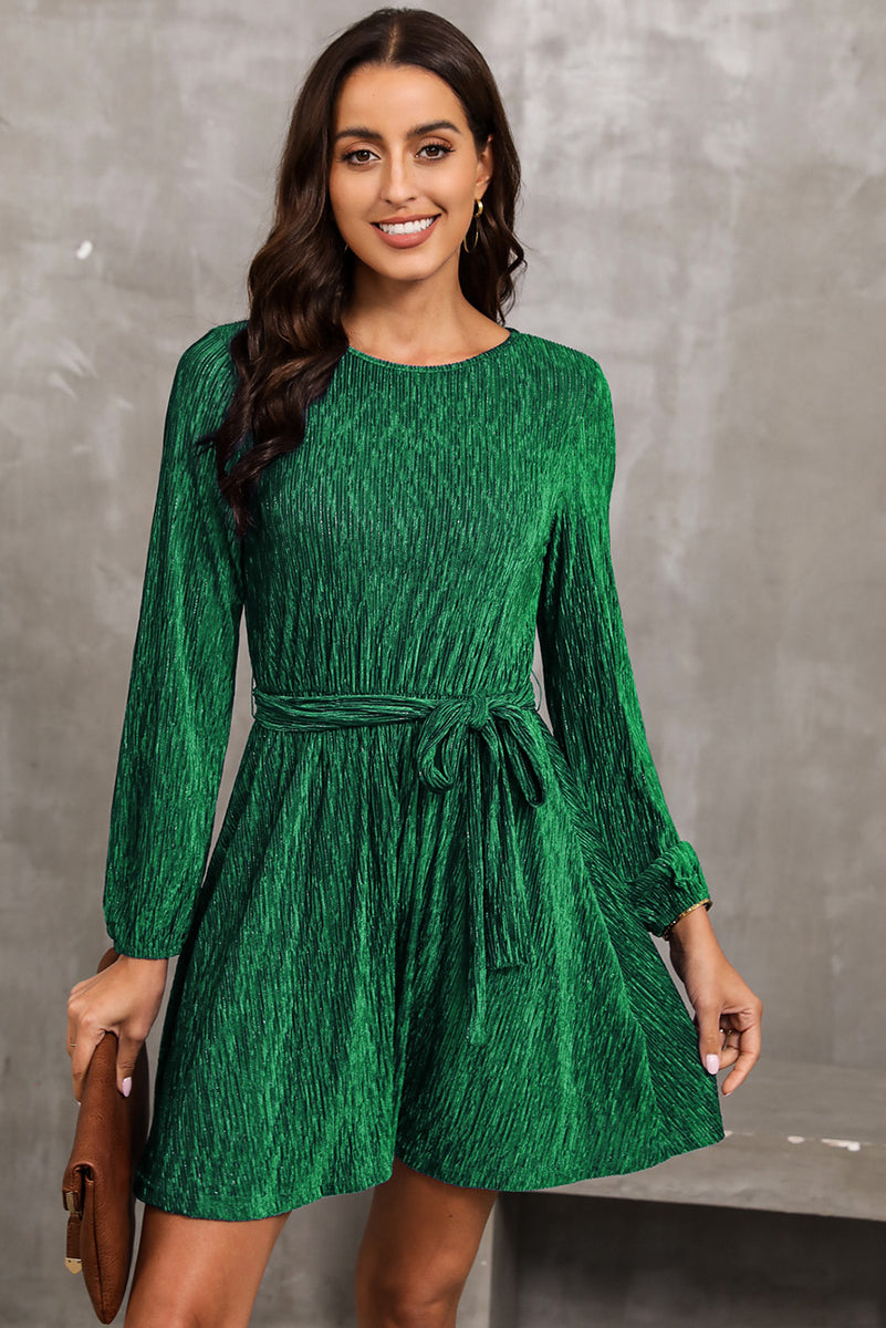 Round Neck Tie Front Long Sleeve Dress Green