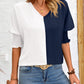 Contrast V-Neck Lantern Sleeve Blouse