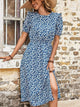 Floral Round Neck Split Midi Dress Blue