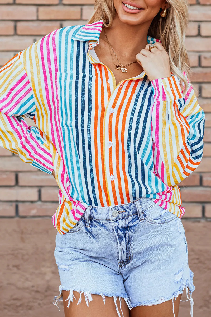 Striped Collared Neck Long Sleeve Shirt