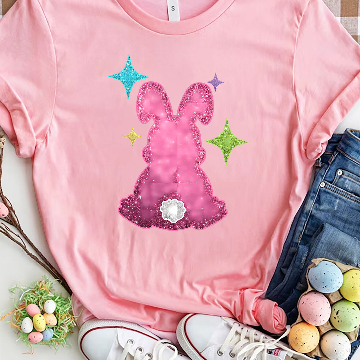 Rabbit Round Neck Short Sleeve T-Shirt Pink