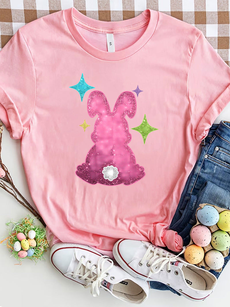 Rabbit Round Neck Short Sleeve T-Shirt Pink
