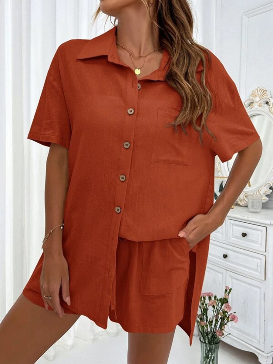 Button Up Shirt and Drawstring Shorts Set Burgundy