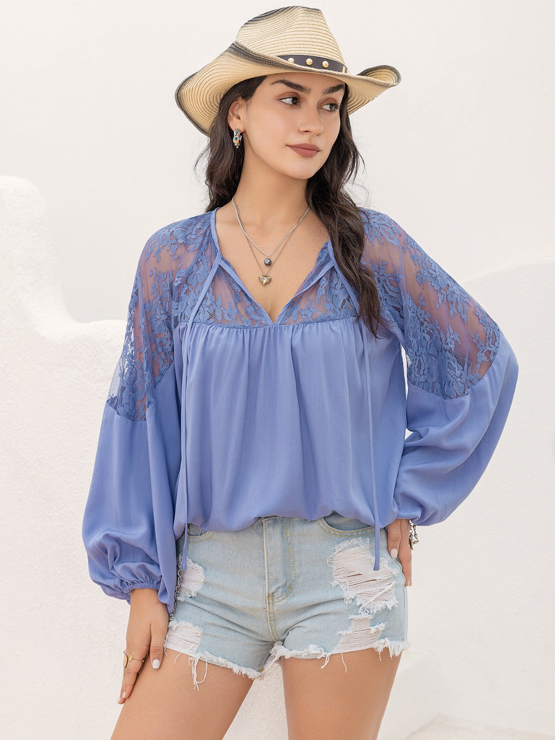 Lace Detail Tie Neck Balloon Sleeve Blouse Dusty Blue