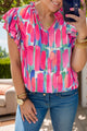 Ruffled Printed Notched Cap Sleeve Blouse Hot Pink