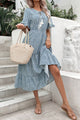 Printed Tassel Tie Flounce Sleeve Dress Light Blue