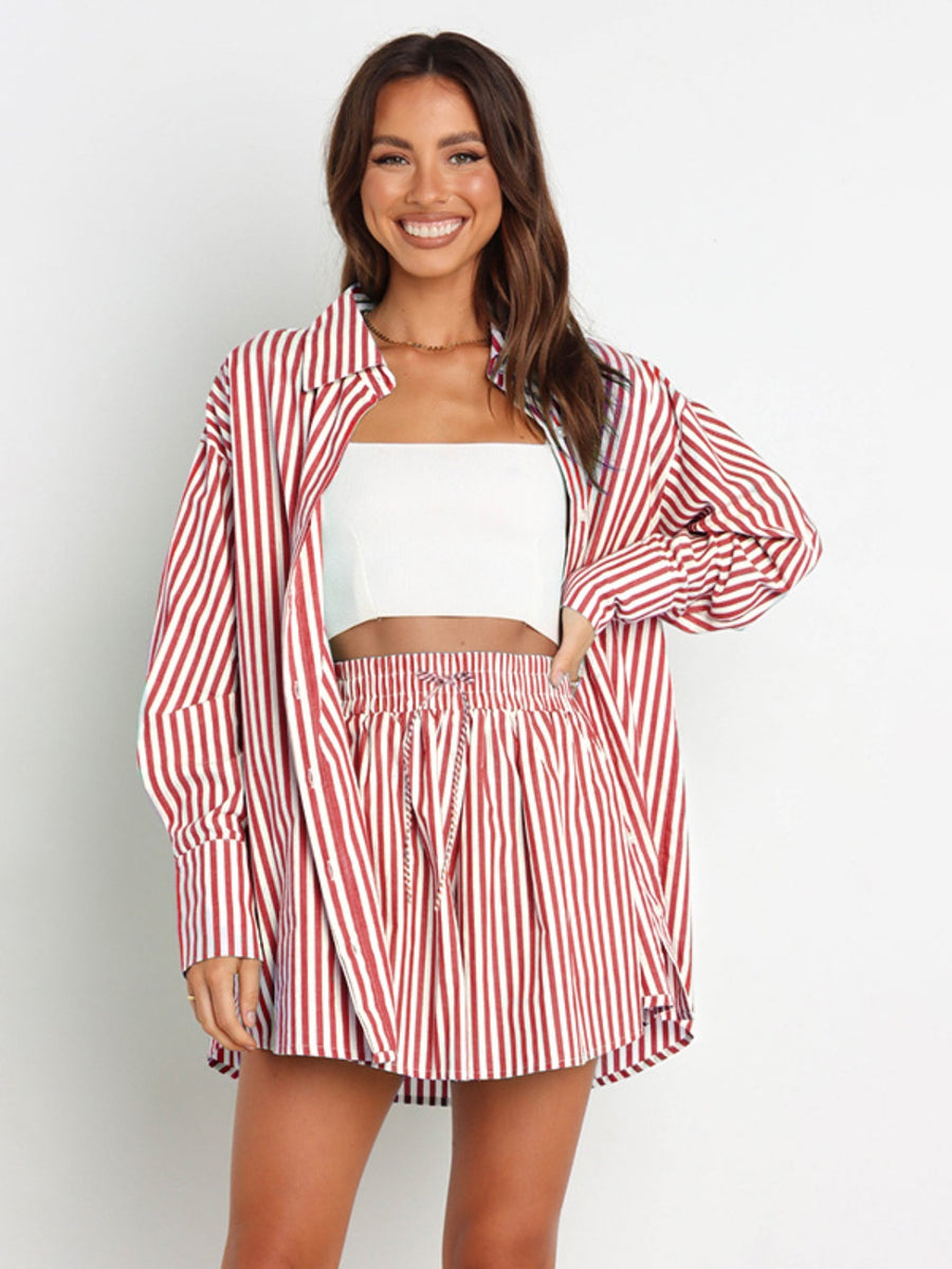 Striped Dropped Shoulder Shirt and Shorts Set Deep Red