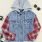 Raw Hem Drawstring Plaid Denim Jacket