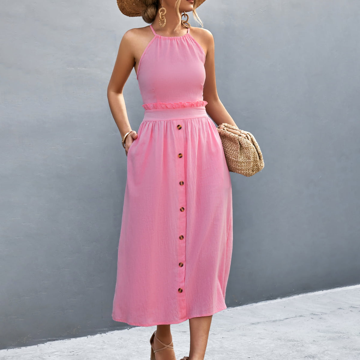 Buttoned Halter Neck Frill Trim Midi Dress Pink