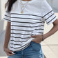 Perfee Decorative Button Striped Short Sleeve T-Shirt