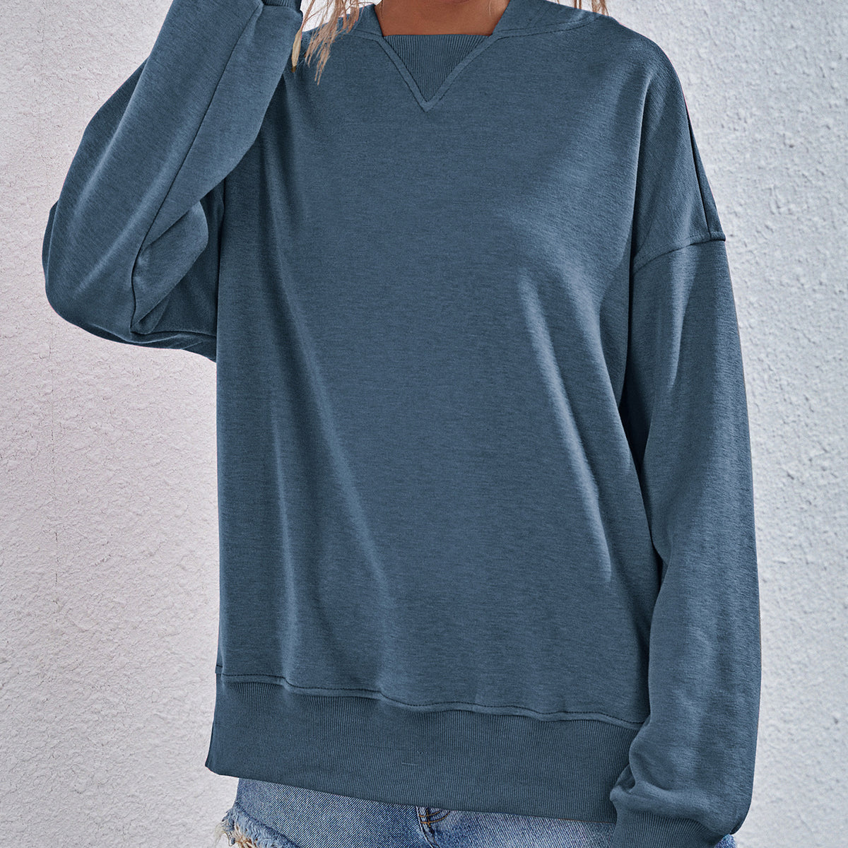 Dropped Shoulder Slit Hoodie Dusty Blue