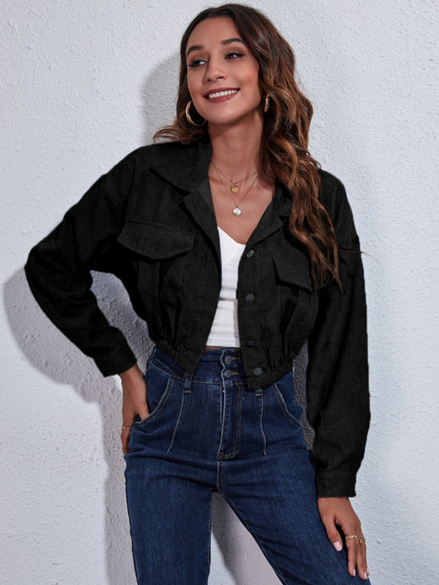 Collared Neck Dropped Shoulder Buttoned Jacket Black