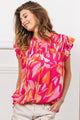 BiBi Smocked Yoke Ruffled Floral Top Fuchsia Multi