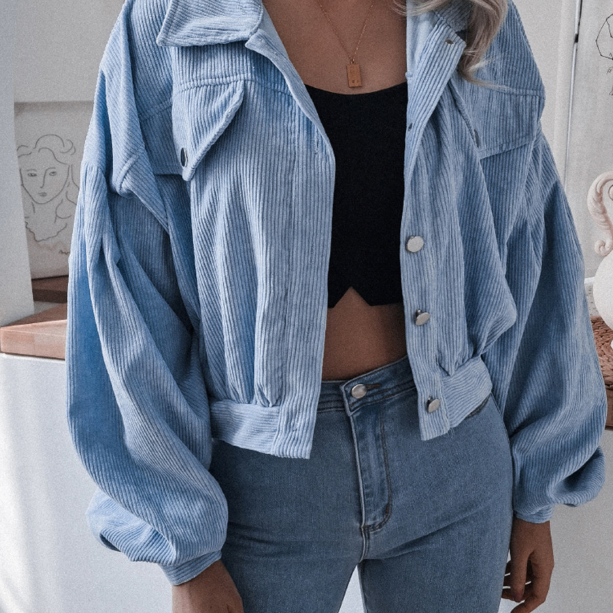 Lantern Sleeve Cropped Corduroy Jacket Blue