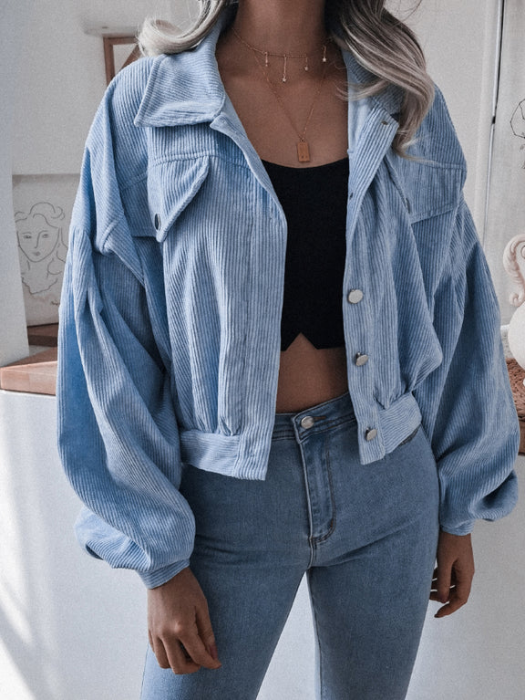 Lantern Sleeve Cropped Corduroy Jacket Blue