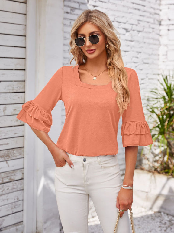 Ruffled Suqare Neck Half Sleeve Blouse Watermelon pink