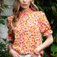 Floral Puff Sleve Keyhole Blouse