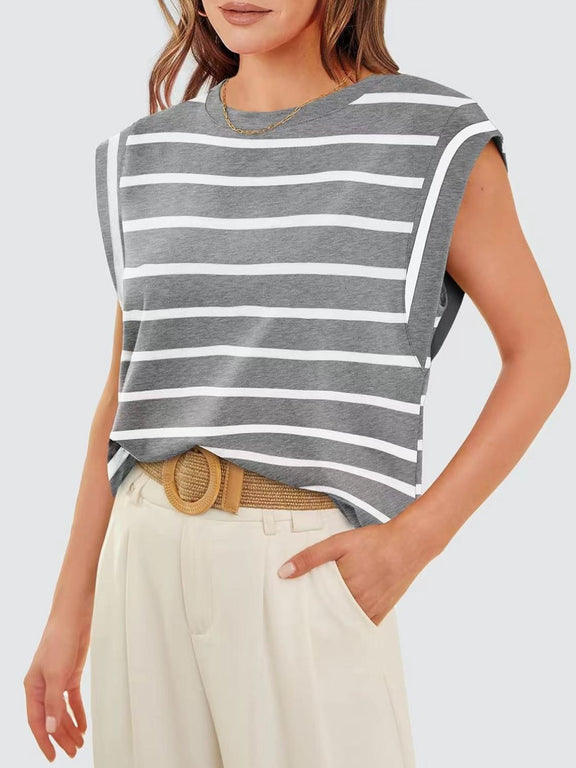 Florira Striped Round Neck Cap Sleeve T-Shirt Gray