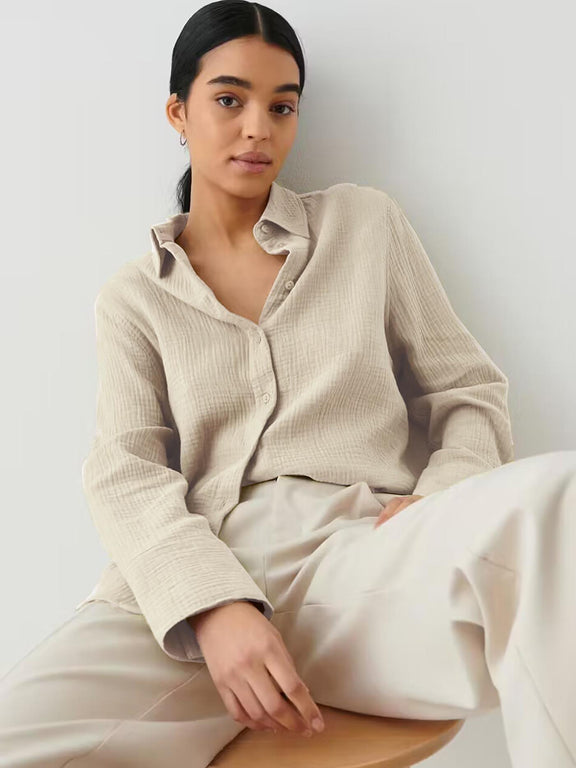 Textured Collared Neck Long Sleeve Shirt Beige