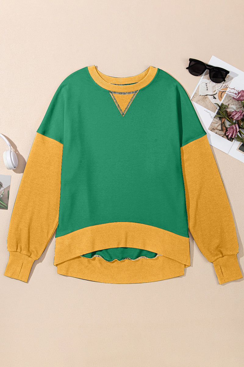 Contrast Round Neck Long Sleeve Sweatshirt Green