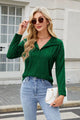 Texture Collared Neck Long Sleeve Blouse Dark Green