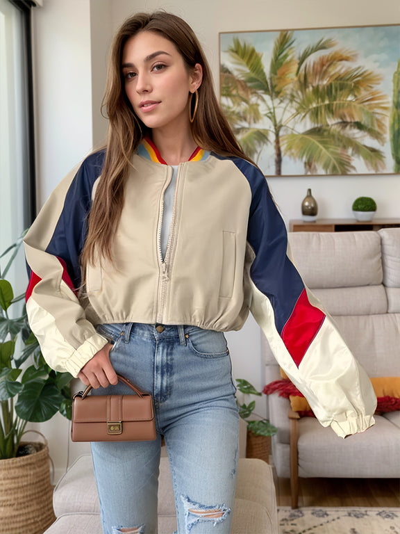 Contrast Baseball Collar Zip Up Long Sleeve Jacket Beige