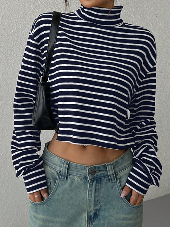 Striped Turtleneck Long Sleeve T-Shirt Black