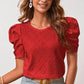 Eyelet Round Neck Puff Sleeve Blouse