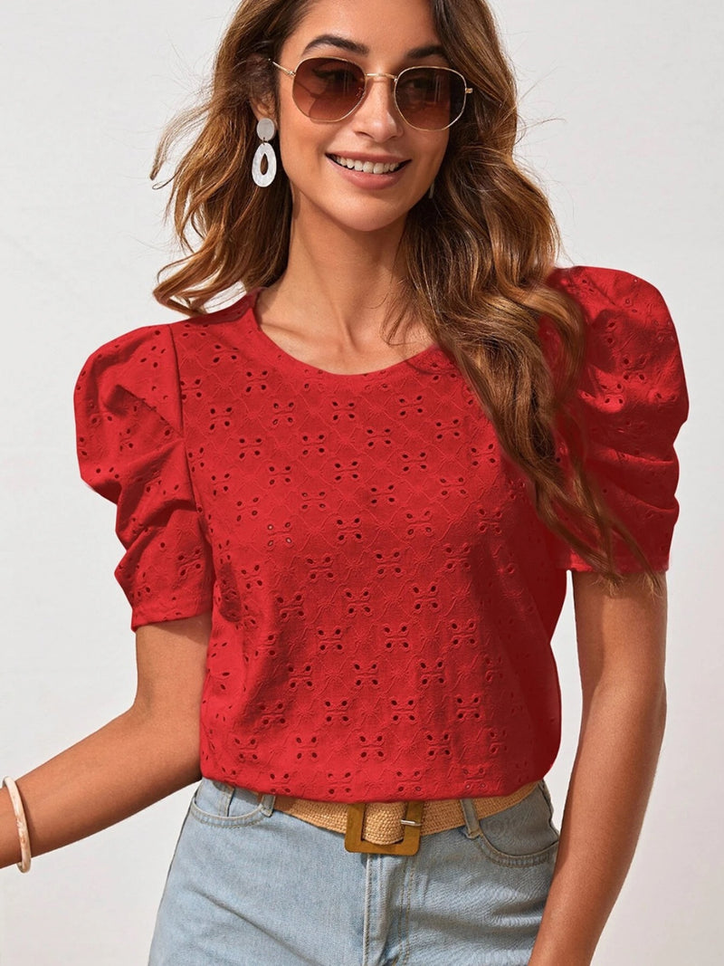 Eyelet Round Neck Puff Sleeve Blouse