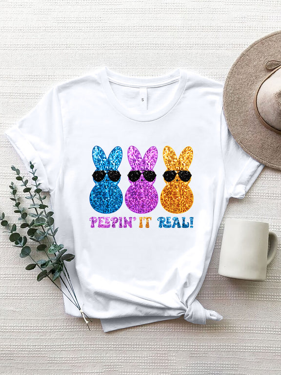 Sequin Rabbit Round Neck Short Sleeve T-Shirt White