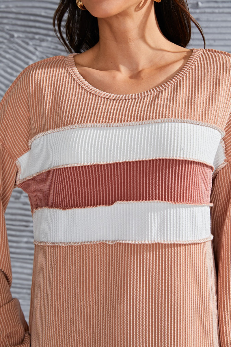 Ribbed Color Block Exposed Seam Round Neck Blouse