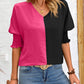 Contrast V-Neck Lantern Sleeve Blouse