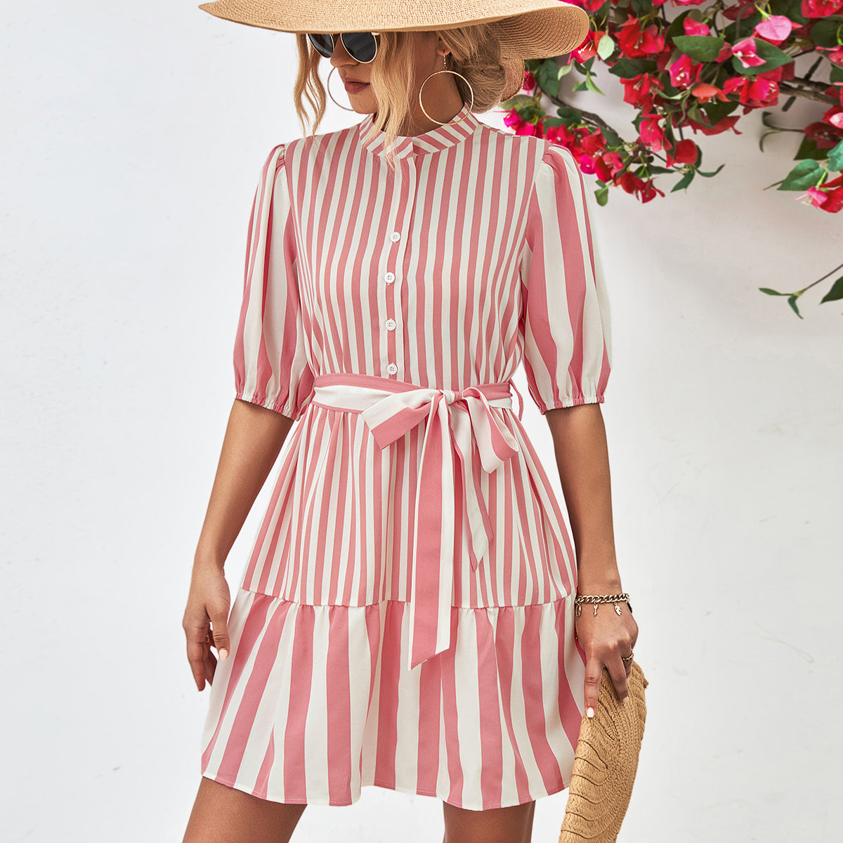 Striped Half Sleeve Tie Waist Mini Dress