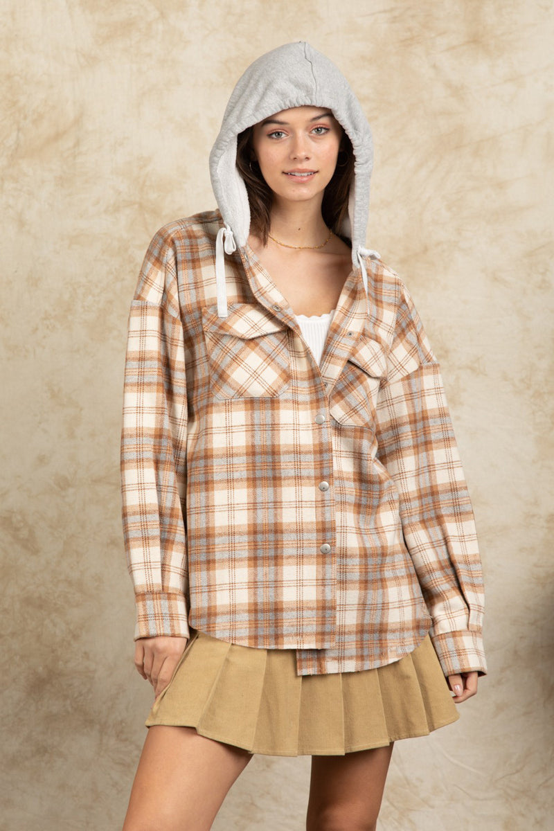 Drawstring Plaid Long Sleeve Hooded Jacket Camel
