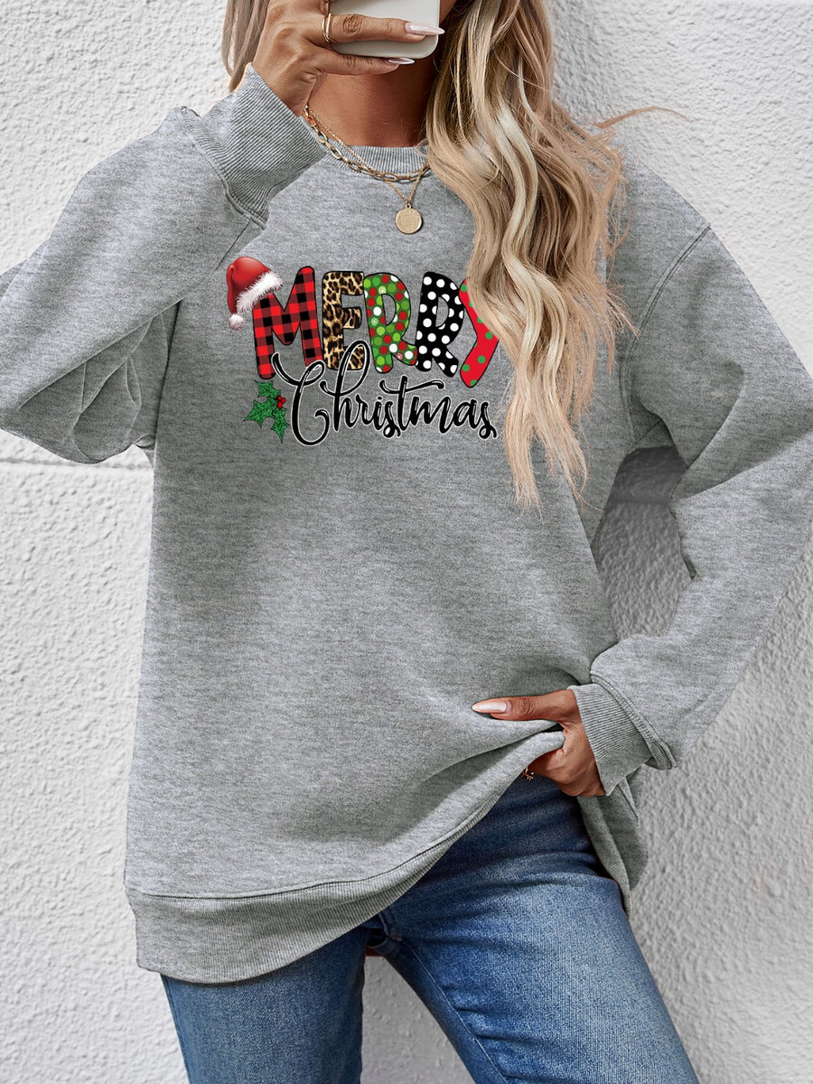 MERRY CHRISTMAS Round Neck Dropped Shoulder Sweatshirt Charcoal