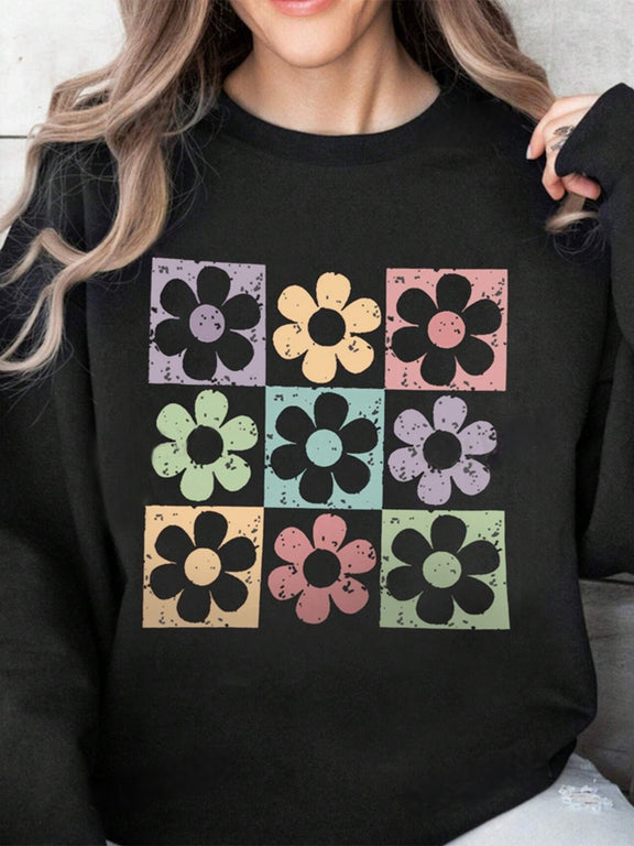 Flower Round Neck Long Sleeve Sweatshirt Black