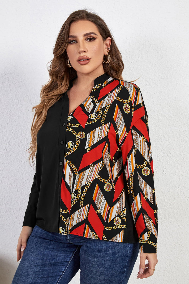 Honey Melo Apparel Plus Size Contrast Color Notched Neck Shirt