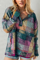 Double Take Full Size Half Button Thumbhole Long Sleeve Hoodie Multicolored